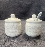 2 Mrs Beeton Ceramic Pots with lids + 1 Spoon - Preserve / Marmalade