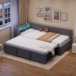 Daybed with Pull Out Trundle, 3ft Upholstered Single Bed Frame with LED, Grey