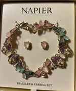 Beautiful Napier Butterfly Bracelet W/Matching Pierced Pink Earrings New in Box