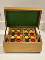 Catalin Bakerlite Poker Chips In Wooden Box With Marquetry Inlay