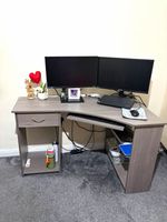 Grey Wood Effect L-Shaped Corner Computer Desk with Drawer, Tray & Shelves