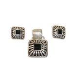 Silver Tone Square Black Stone Pendant & Matching Clip Earrings Set