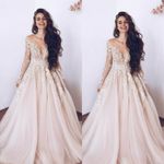 Wedding Dresses Blush Pink Lace Long Sleeve V Neck A Line Bridal Gowns Vintage