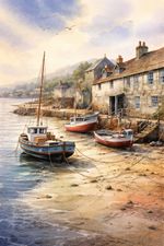 British Harbour Coastal Village Boats Seaside Poster Print Framed Canvas Art
