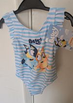 Bluey & Bingo Girls One Piece Swimsuit Blue/White Stripe Ruffle Stretch 1.5-2Y