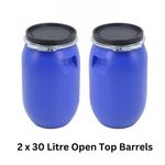 NEW Value Twin Pack of 2 x 30 Litre Blue HDPE Plastic Barrels Drums Food Safe