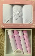 NEW M&S Cotton Handkerchief Set Embroidered White/Pink