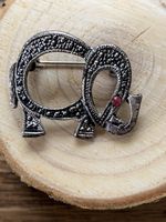 VTG Elephant Brooch Pin 925 Silver Marcasite pink stone tribal thai animal