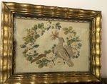 Framed Antique Miniature Needlepoint - Bird & Floral Wreath