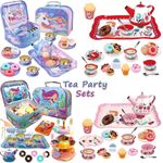 Kids Tin Tea Set with Tea Pot Saucers Food Item Kitchen Role Play Toys for Girls