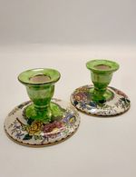 Vintage Maling Peony Rose Candlesticks Pair Green Lustre Floral Candle Holder