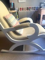 Beige Fabric Upholstered Wooden Rocking Chair, Painted White Frame, Cushion