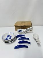 Japanese Style Blue Fish Sushi Set Plates Spoons Chopstick Rests Ceramic