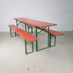 VINTAGE INDUSTRIAL GERMAN BEER TABLE BENCH SET GARDEN FURNITURE ORANGE