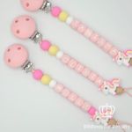 Personalised Safety tested UK Silicone Dummy Clip Holder Pink Girl Baby Unicorn