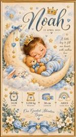 Personalised Baby Boy Nursery Wall Print A4 Moon & Stars Blue Cream Gold Noah