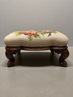 19th Century English Carved Walnut Cabriole Leg Needlepoint Footstool Antique