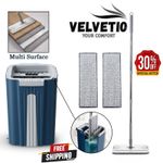Flat Mop and Bucket Set Self Wringing Floor Cleaner 2 Microfiber Pads Hands Free