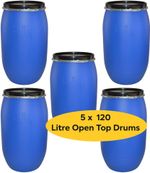 Storage Barrel Water Tank Open Top Blue Plastic Drum 5 X 120 Litre Food Grade