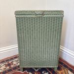 Vintage Lloyd Loom Style Green Woven Laundry Basket Bin with Hinged Lid