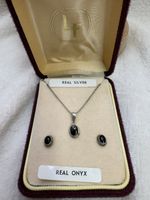 Louis Feraud Bijoux Vintage Silver & Onyx Pendant & Earrings Set Original Box