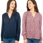 M&S Womens Blouse Top Navy Blue Jacquard Pink Floral Cuff Buttons V Neck
