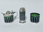 Antique Solid Sterling Silver Cruet Set Salt Pepper Mustard Green Glass Liners