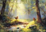 Sunlit Forest Robins 5"x7" Print on Matte Paper | Enchanting Woodland Bird Art