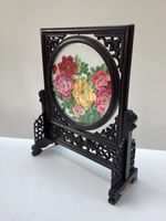 Chinese Double Sided Rotating Suzhou Silk Embroidery Of Peony Flowers