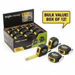 Box of 12 Retractable Tape Measures 5M x 18mm with Lock Button Belt Hook  Clear