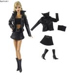 Black Leather Clothes For 11.5" Doll Outfit Fashion Jacket Skirt Top Boots Set