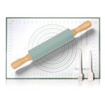 Non Stick Pastry Mat and Wooden Rolling Pin Set 38.5cm Dough Roller Baking Kit