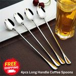 4pcs Long Handle Coffee Spoons Stainless Steel Iced Tea Dessert Spoons