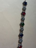 Vintage 925 Sterling Silver Multi-Coloured Stone Floral Bracelet