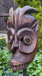 Antique African Tribal Horned Mask with Hinged Jaw Hand-Carved Wood Congo