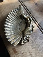 Art Nouveau Cast Brass Lady Feather Visiting Card Trinket Tray Austrian pem2