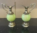 Vintage English Pair Of Dragon Handle Green Onyx & Metal Miniature Ewer Jugs VGC
