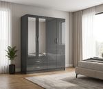 Modern High Gloss Grey Mirrored Wardrobe 4 Door 2 Drawer | Large Bedroom Storage