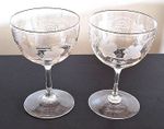 TWO ANTIQUE CHAMPAGNE GLASSES ENGRAVED GRAPE & VINE DEEP SHAPE c.1900