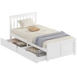 HOMCOM Storage Bed with 2 Drawers, Pine Wood Bed Frame, 90 x 190 cm, White