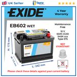Car Battery EB602 Exide 075 540A 60Ah 4Yr Warranty 242x175x175 Excell