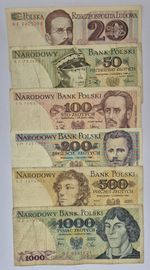 Poland banknotes   20 50 100 200 500 1000  zlotych 1982 1988