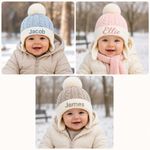 Personalised Baby Knit Hat with Pom Pom – Custom Name Beanie  Ear Flaps 0-12mths