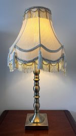 2 BHS Vintage Style Brass Table Lamps Cream Fringed Tassel Shades Victorian Look