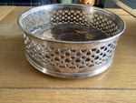 Silver Plated Wine Bottle Coaster with Pierced Gallery Wood Base