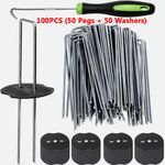 100 Weed Control Mat Membrane Pegs + Buffer Washer Pegs U-Shaped Pins Tool Set