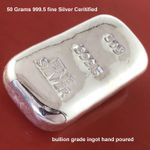 Silver Ingot  50 Grams 999.5 Fine Certified Bullion Grade Bar Hand Poured