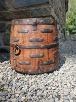 Antique Indian teak wood & brass grain measure pot 25 x30cm  Rajasthan wabi sabi