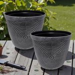 Grey Round Flower Pot Set 2 Textured Garden Planters Drainage