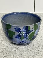 SMALL JAPANESE CHAWAN 9.5cm DIAMETER BOWL? BLUE FLOWER DESIGN SPECKLED INTERIOR